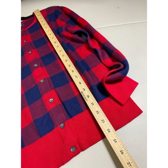 Lands End Supima Cotton Red Blue Buffalo Plaid Button Cardigan Sweater Medium - Picture 6 of 14